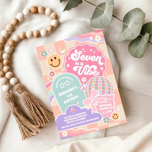 Seven Is A Vibe Cloud Rainbow Disco 7th Birthday 招待状