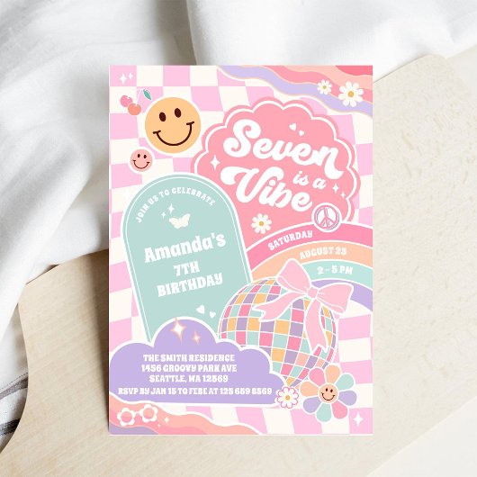 Seven Is A Vibe Cloud Rainbow Disco 7th Birthday 招待状