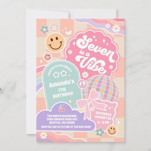 Seven Is A Vibe Cloud Rainbow Disco 7th Birthday 招待状 (正面)