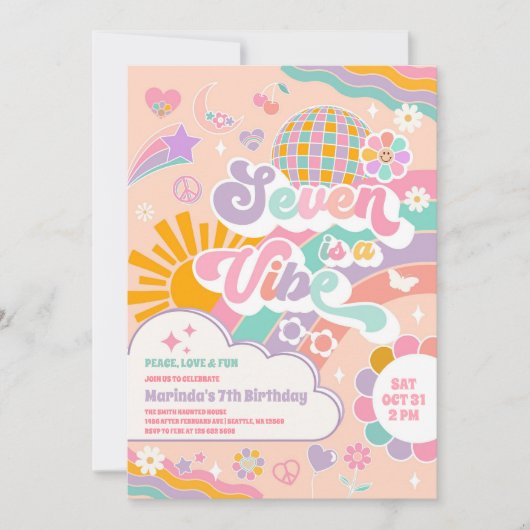 Seven Is A Vibe Sun Rainbow Disco 7th Birthday 招待状 (正面)