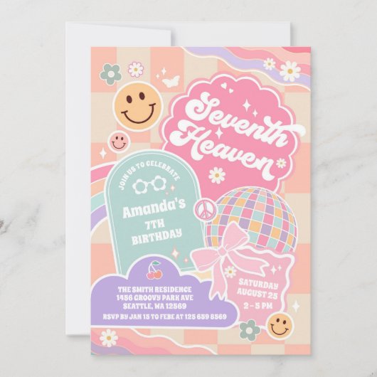 Seventh Heaven Cloud Rainbow Disco 7th Birthday  招待状 (正面)