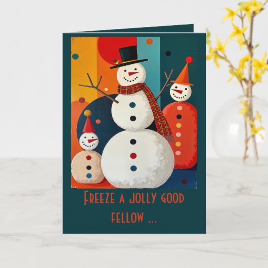 Seventies Style Snowmen Retro Modern Christmas カード (黄色い花)