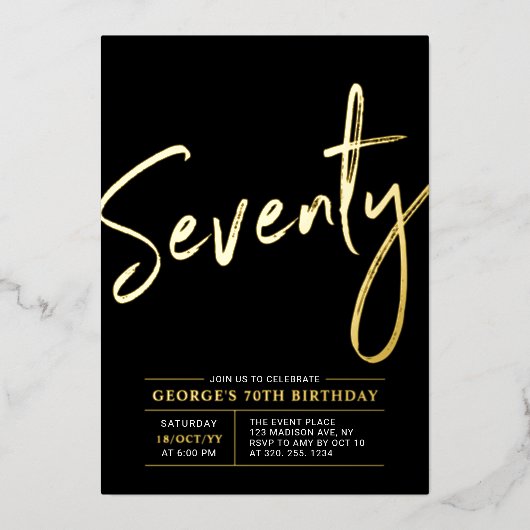 Seventy | モダン ゴールド&ブラック 70歳の誕生日パーティー 箔招待状 (正面)