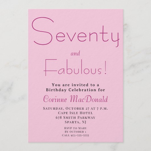 Seventy and Fabulous Blush Pink 70th Birthday 招待状 (正面)