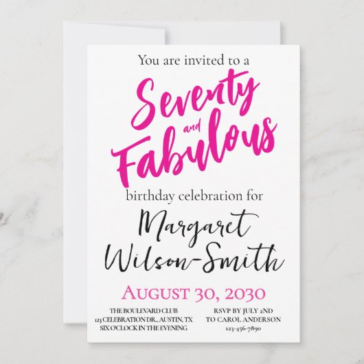 Seventy and Fabulous Pink Script Birthday 招待状 (正面)