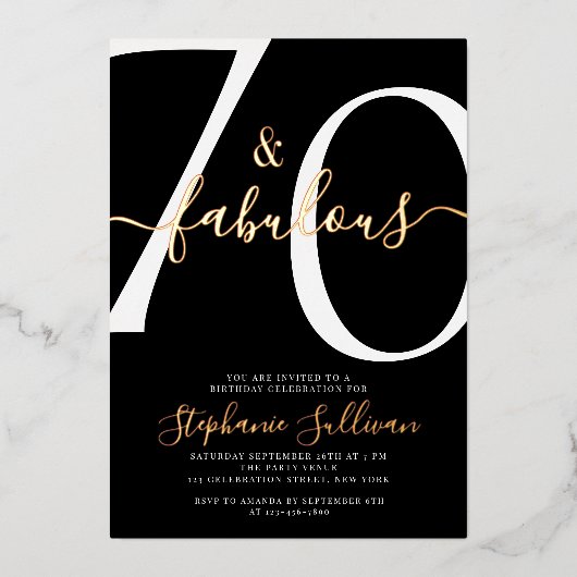 Seventy and Fabulous Script 70th Birthday  箔招待状 (正面)
