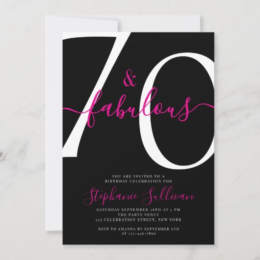 Seventy and Fabulous Script 70th Birthday Black 招待状 (正面)