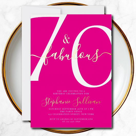 Seventy and Fabulous Script 70th Birthday Pink  箔招待状