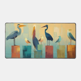 Several seabirds perched on pilings デスクマット