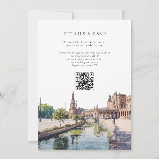 Seville Spain Watercolor QR Code Wedding 招待状 (裏面)