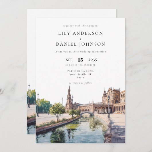 Seville Spain Watercolor QR Code Wedding 招待状 (正面/裏面)