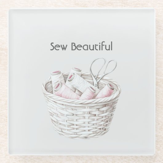 Sew Beautiful Blush Pink White Thread Basket ガラスコースター (正面)