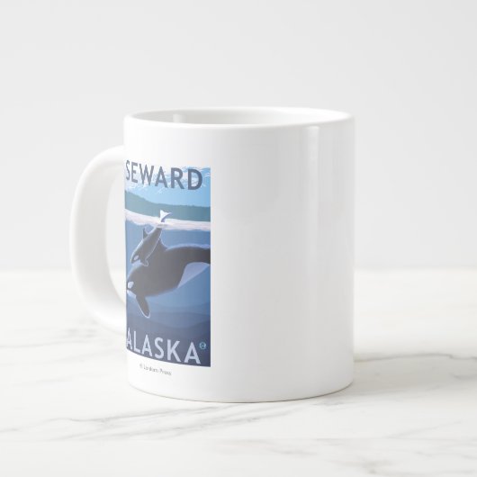 Seward、AlaskaOrcaおよび子牛場面 ジャンボコーヒーマグカップ (正面左)