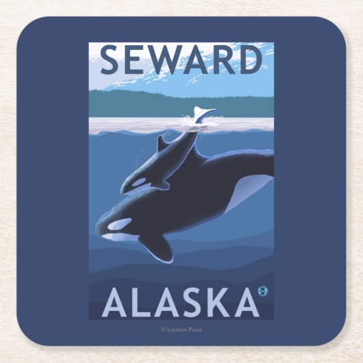 Seward、AlaskaOrcaおよび子牛場面 スクエアペーパーコースター (正面)