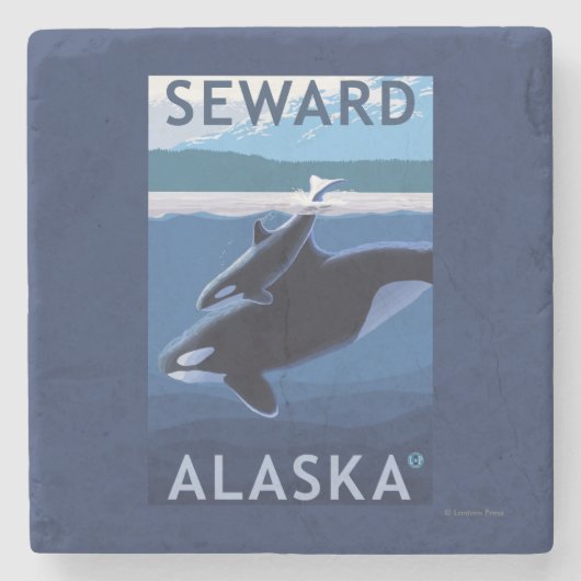 Seward、AlaskaOrcaおよび子牛場面 ストーンコースター (正面)