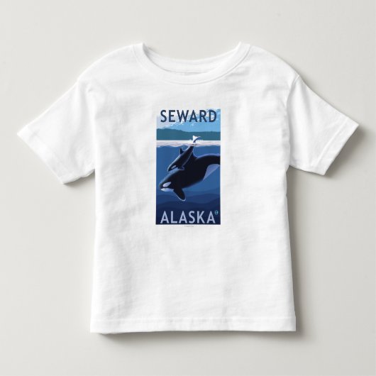 Seward、AlaskaOrcaおよび子牛場面 トドラーTシャツ (正面)