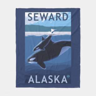 Seward、AlaskaOrcaおよび子牛場面 フリースブランケット