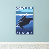 Seward、AlaskaOrca、Calf Scene キャンバスプリント (インサイチュ (ウッドフロア))