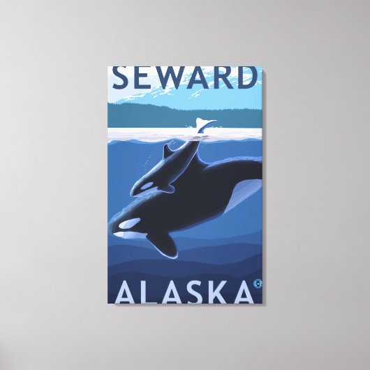 Seward、AlaskaOrca、Calf Scene キャンバスプリント (正面)