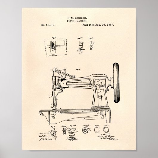 Sewing Machine 1867 Patent Art Old Peper ポスター (正面)