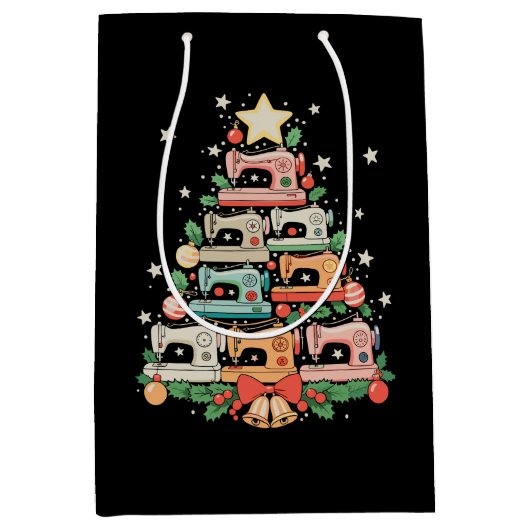 Sewing Machine Christmas Tree Stitch Knit Sew Xmas ミディアムペーパーバッグ (正面)