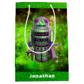 SFレトロ玩具ロボットグリーン銀河系名前をカスタムする ミディアムペーパーバッグ (正面)