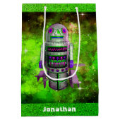 SFレトロ玩具ロボットグリーン銀河系名前をカスタムする ミディアムペーパーバッグ (裏面)