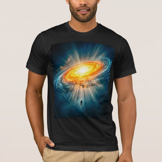 SF宇宙ゴールドギャラクシー宇宙飛行士グローイングアート Tシャツ (正面)