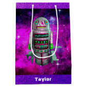 SF玩具ロボットパープル銀河系名前をカスタムするレトロ ミディアムペーパーバッグ (裏面)