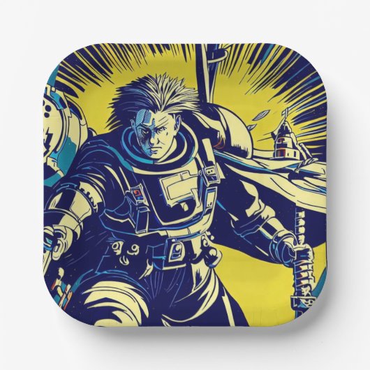 SF - Anime Hero Woodcut 1 ペーパープレート (正面)