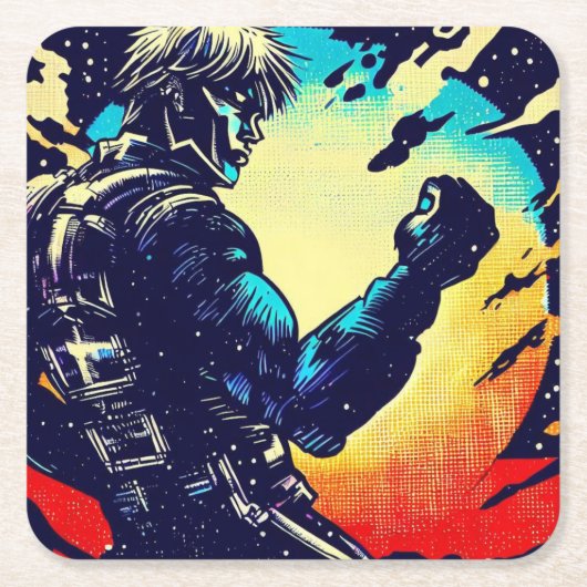 SF - Anime Hero Woodcut 2 スクエアペーパーコースター (正面)