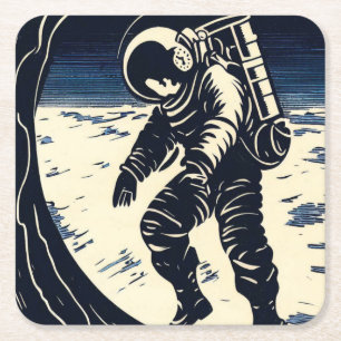 SF - Spacewalk Woodcut宇宙飛行士3 スクエアペーパーコースター