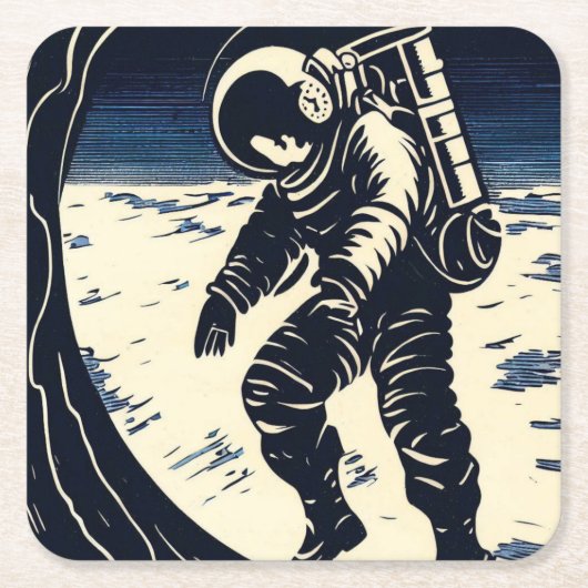 SF - Spacewalk Woodcut宇宙飛行士3 スクエアペーパーコースター (正面)