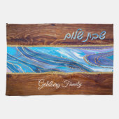 Shabbat Shalom Blue Marble on Wood Effect キッチンタオル (横)