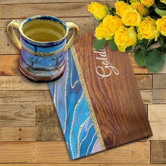 Shabbat Shalom Blue Marble on Wood Effect キッチンタオル