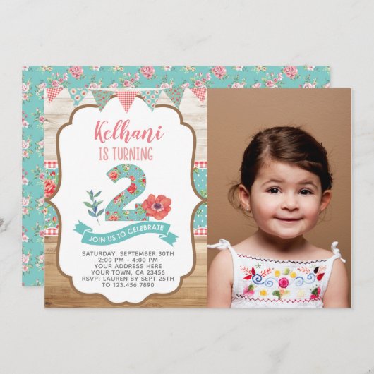 Shabbyシックな第2の誕生日招待状と写真 招待状 (正面/裏面)