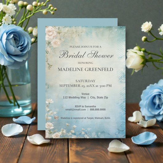 Shabby Chic Baby Blue Floral Bridal Shower 招待状