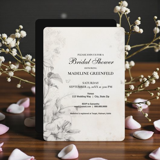 Shabby Chic Black Floral Bridal Shower 招待状