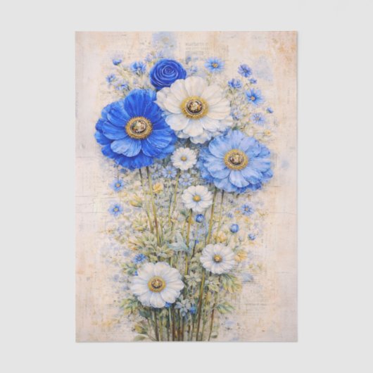Shabby Chic Blue Ivory Mix Flowers FD7L Decoupage 薄葉紙 (正面)
