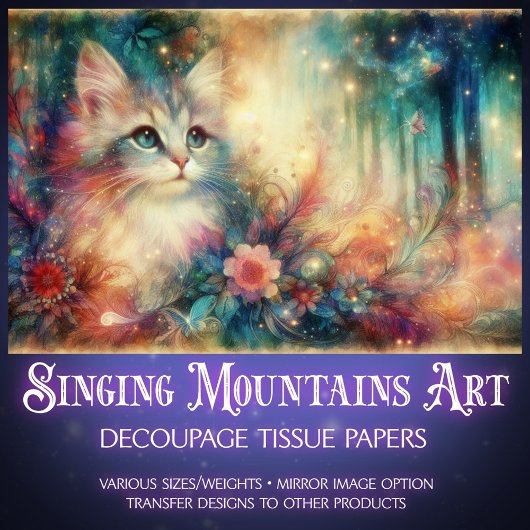 Shabby Chic Cat Among Wildflowers Decoupage 薄葉紙