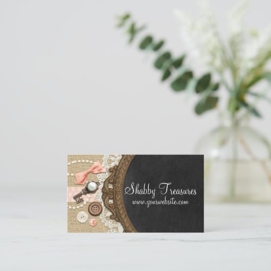 Shabby Chic Chalkboard, Rustic Burlap & Coral Bow 名刺 (スタンド正面)