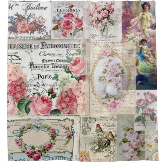 Shabby chic collage,country victorian,decoupage, b シャワーカーテン (正面)