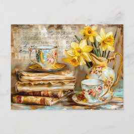 Shabby chic Daffodils on a Stacked antique Books ポストカード