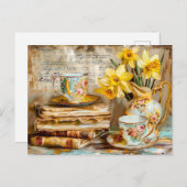 Shabby chic Daffodils on a Stacked antique Books ポストカード (正面/裏面)