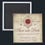 Shabby Chic | Deep Red Grunge Rose Save the Date マグネット<br><div class="desc">#abstractart Sophisticated steampunk inspired crimson jeweled rose with a vintage antique gold frame ornamental embellishment on grunge worn parchment paper background with Gothic dark velvet red accents. This gorgeous distressed layout features an elegant modern contemporary jewel tone watercolor and mixed medium gradient background adds the perfect pop of color and...</div>