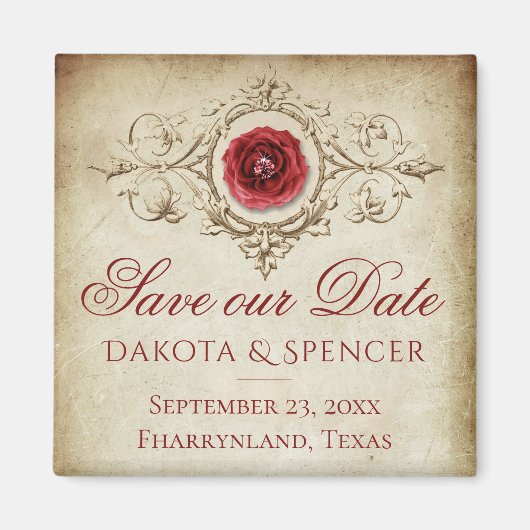 Shabby Chic | Deep Red Grunge Rose Save the Date マグネット (正面)