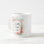 Shabby Chic floral Faith Hope Love コーヒーマグカップ (正面左)