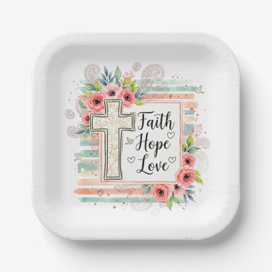 Shabby Chic floral Faith Hope Love ペーパープレート (正面)