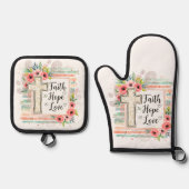 Shabby Chic floral Faith Hope Love 鍋つかみ&鍋敷きセット (正面)