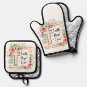 Shabby Chic floral Faith Hope Love 鍋つかみ&鍋敷きセット (正面/裏面)